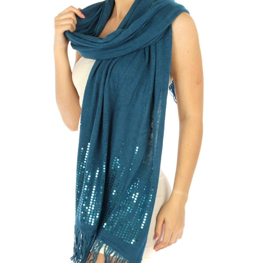 Sequin Sweater Knit Evening Wrap Shawl Scarf Teal - Picture 4 of 4